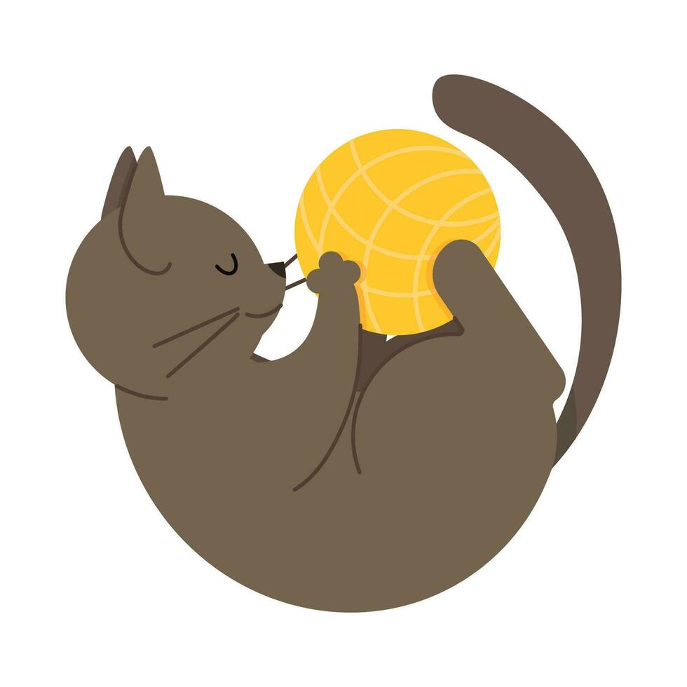 süß grau Katze Lügen spielen mit ein Gelb Ball von Faden vektor