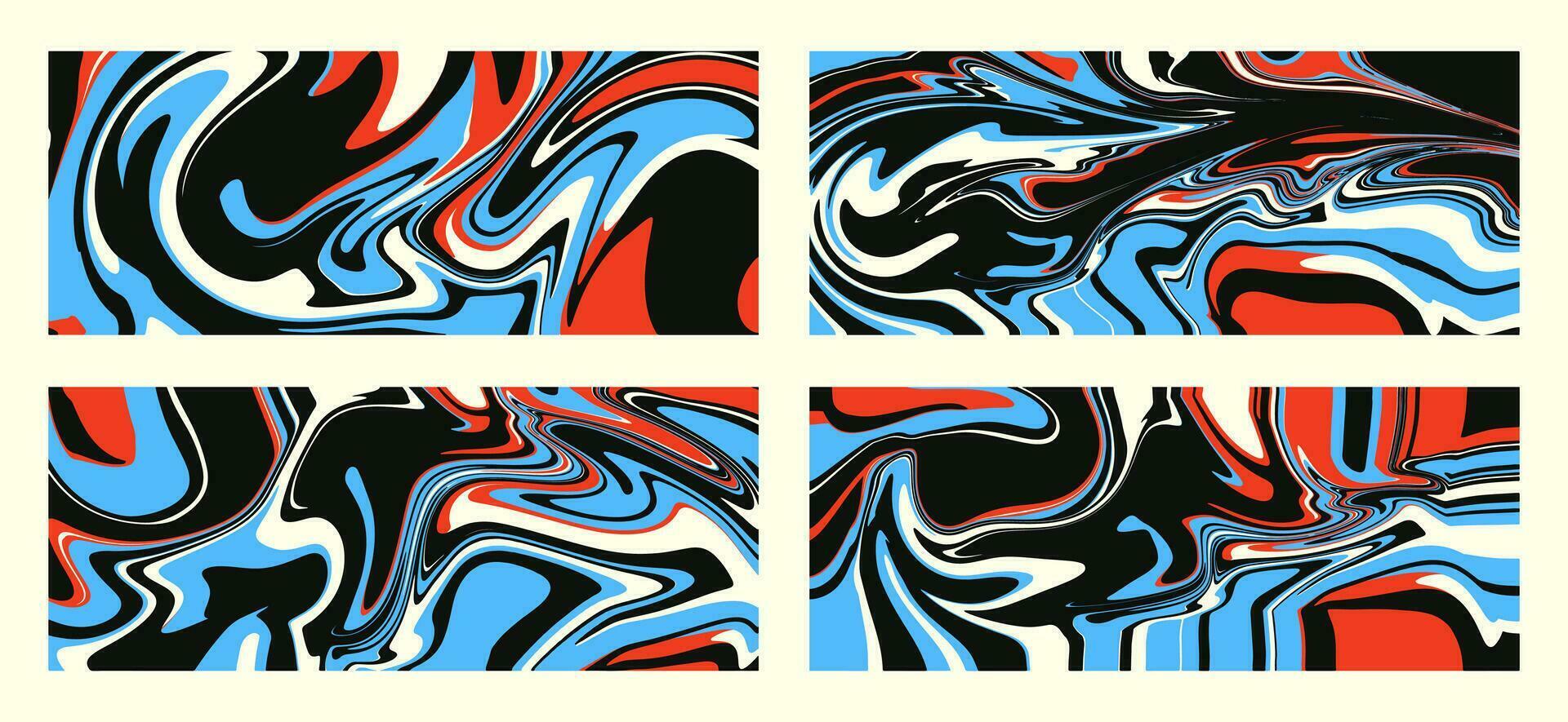 uppsättning av vågig trippy mönster i psychedelic färger. vektor abstrakt bakgrund. estetisk textur med strömmande vågor i de stil av de 1970-talet.