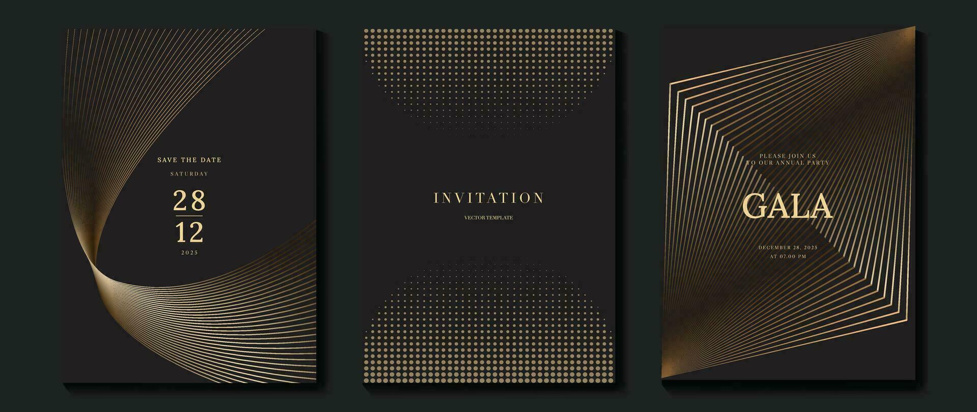 Luxus Einladung Karte Hintergrund Vektor. golden elegant geometrisch Form, Gold Linie Gradient, Halbton auf dunkel Hintergrund. Prämie Design Illustration zum Gala Karte, großartig Öffnung, Party Einladung. vektor