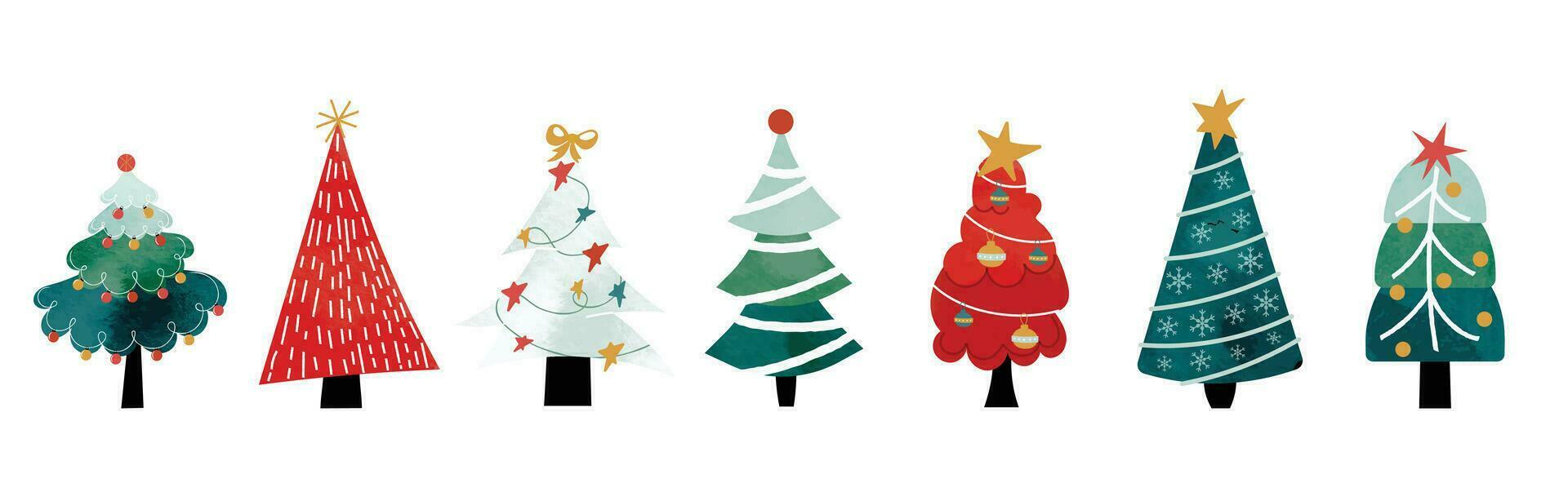 uppsättning av vattenfärg dekorativ jul träd vektor illustration. element av dekorativ bollar, dekorativ ljus, stjärna, band, snöflinga. design för kort, komisk, skriva ut, affisch, baner, dekoration.