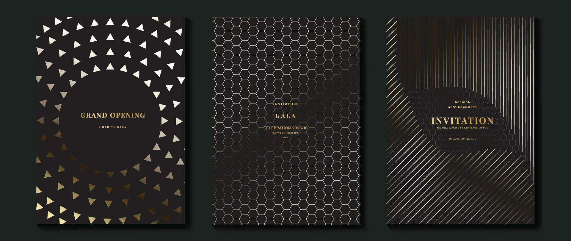 lyx inbjudan kort bakgrund vektor. gyllene elegant geometrisk form, guld linje lutning på mörk bakgrund. premie design illustration för gala kort, stor öppning, fest inbjudan. vektor