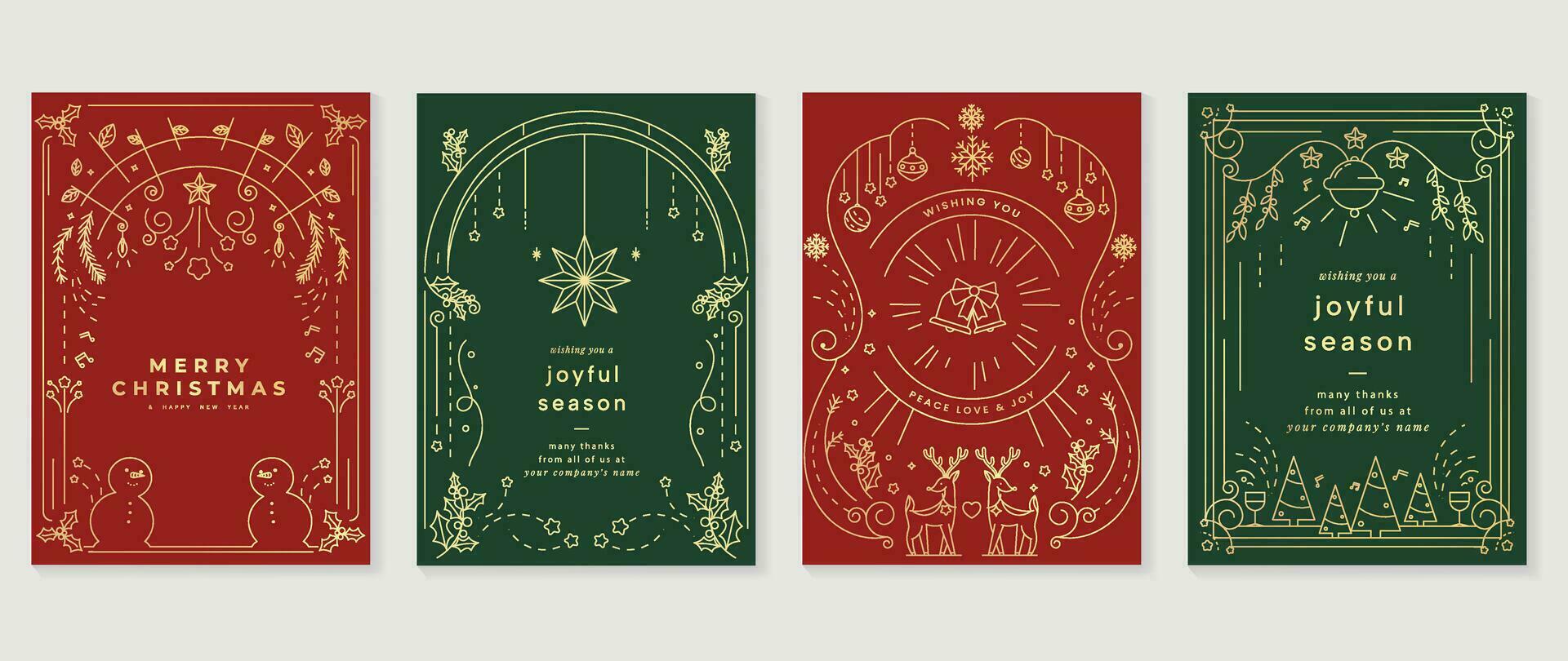 lyx jul inbjudan kort konst deco design vektor. jul träd, struntsak boll, snögubbe, ren, klocka linje konst på grön och röd bakgrund. design illustration för omslag, affisch, tapet. vektor