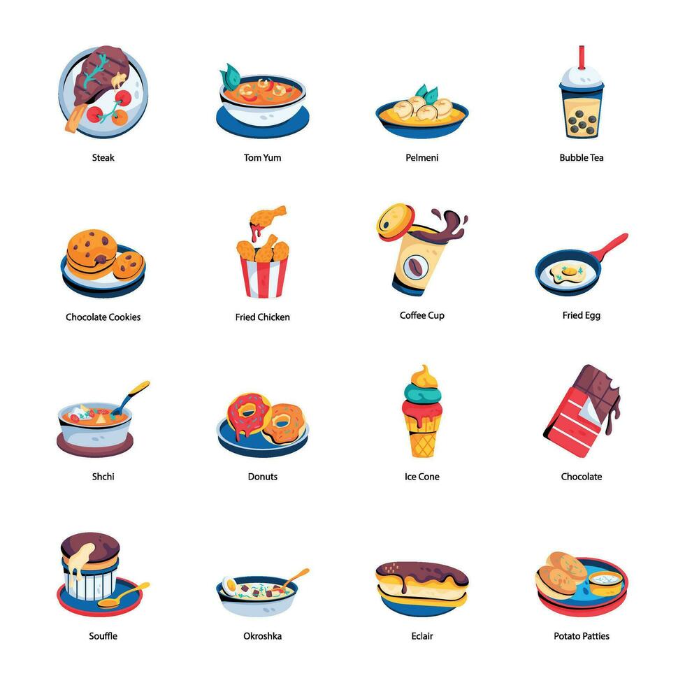 uppsättning av klassisk måltid platt ikoner vektor