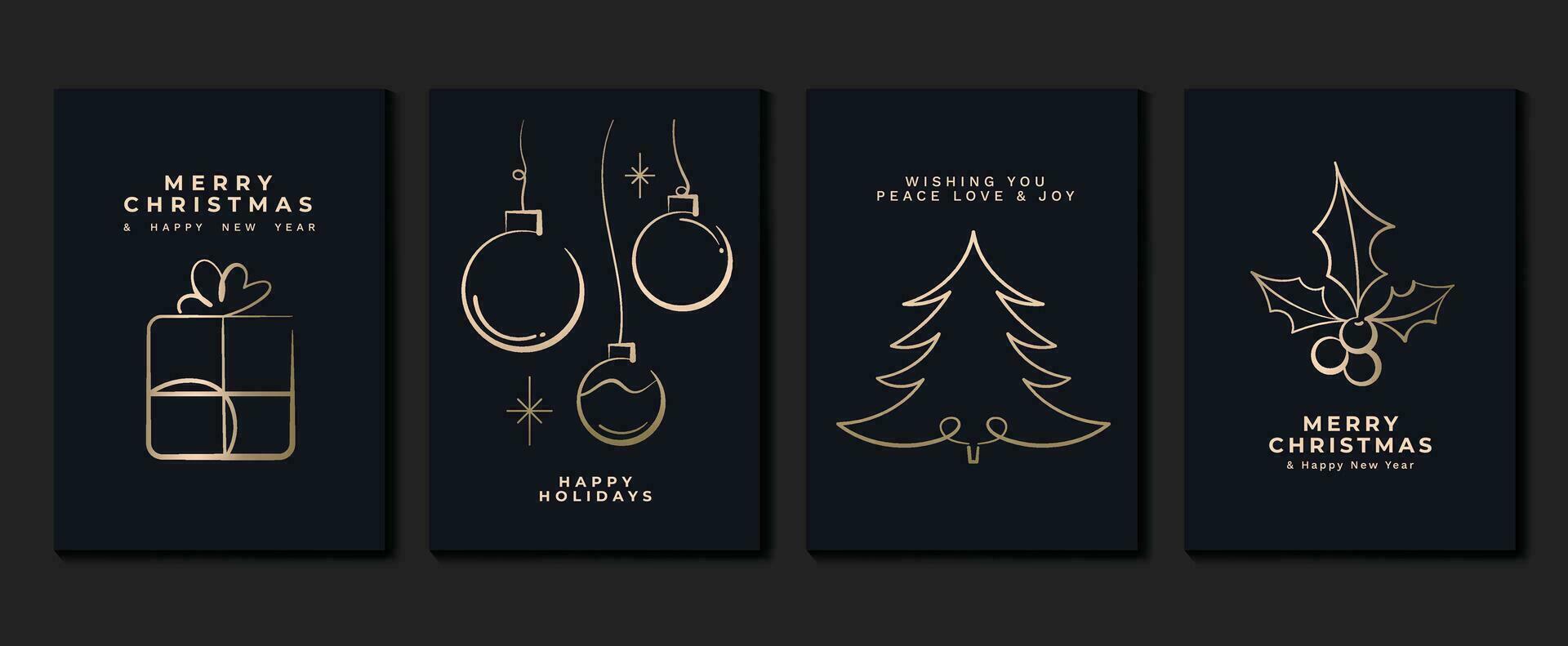 lyx jul inbjudan kort konst deco design vektor. jul träd, struntsak boll, gåva, järnek bär linje konst på mörk bakgrund. design illustration för omslag, affisch, tapet. vektor