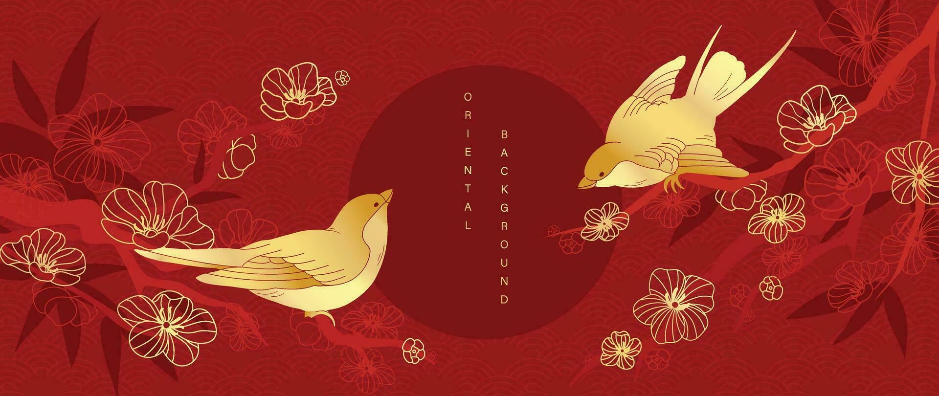elegant kinesisk orientalisk mönster bakgrund vektor. elegant svälja fågel, körsbär blomma och bambu gyllene linje konst på röd bakgrund. design illustration för Lycklig ny år, tapet, baner, kort. vektor