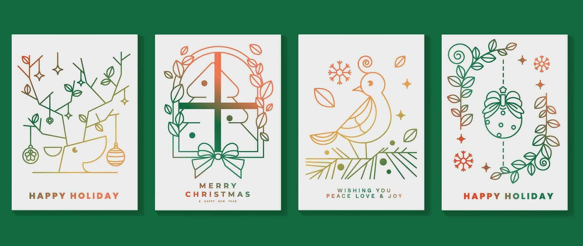 Luxus Weihnachten Einladung Karte Kunst Deko Design Vektor. Weihnachten Baum, Flitter Ball, Schneeflocke, Rentier, Vogel Linie Kunst auf Weiß Hintergrund. Design Illustration zum Abdeckung, Poster, Hintergrund. vektor