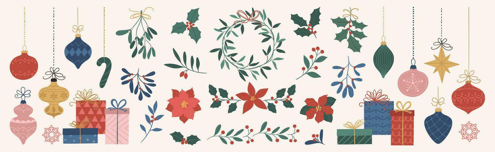glad jul och Lycklig ny år element vektor. samling teckning av järnek växt, blomma, gåva, jul struntsak boll, snöflinga. design lämplig för baner, inbjudan, dekoration. vektor