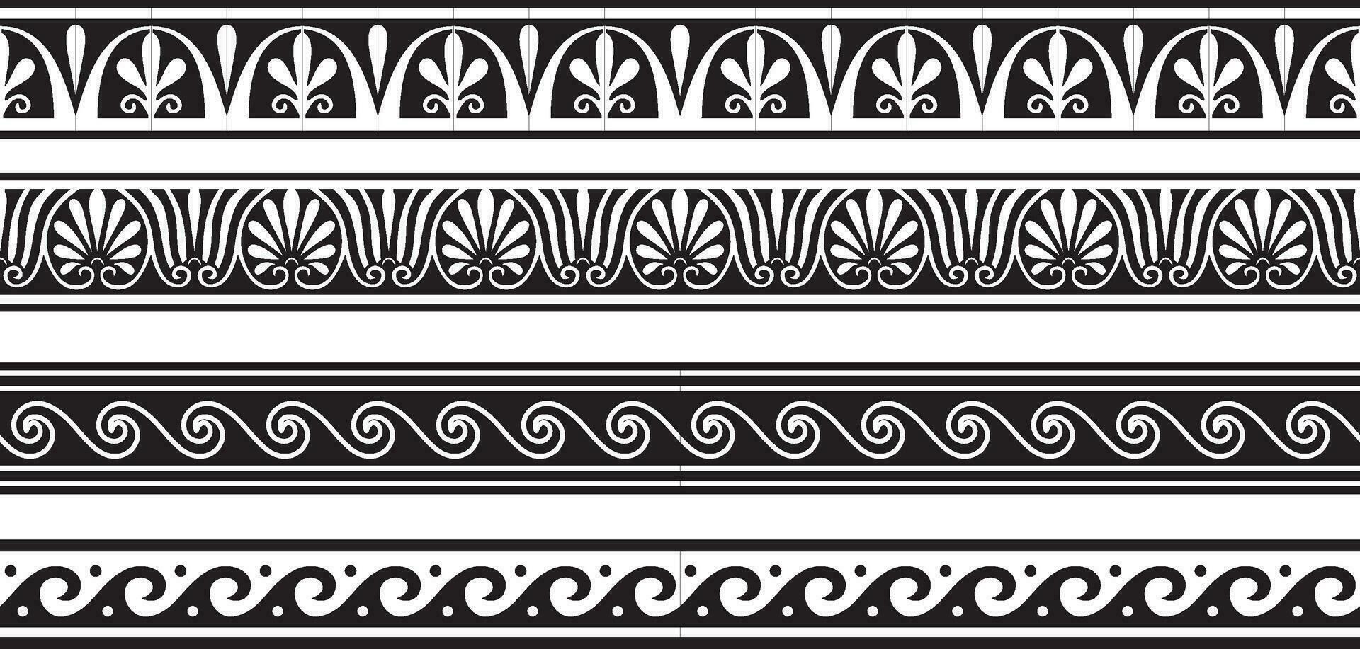 uppsättning av vektor svartvit sömlös grekisk klassisk prydnad. mönster för en gräns och en ram. gammal grekland och de roman imperium. ändlös svart slingra sig.