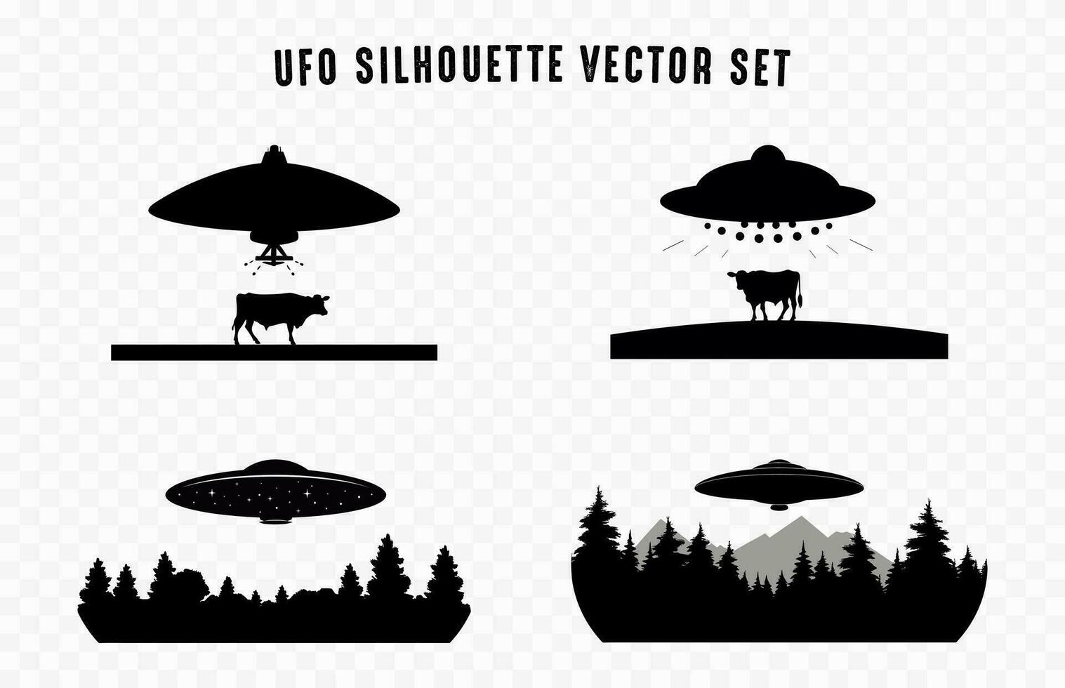 Kuh Entführung Silhouette Satz, UFO im Urwald Vektor Sammlung