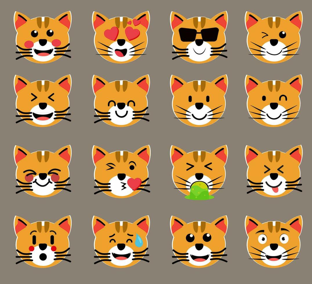 samling av skillnad uttryckssymbol ikon av söt orange katt tecknad serie på vit bakgrund. 16 uttryckssymbol i vektor packa illustration.