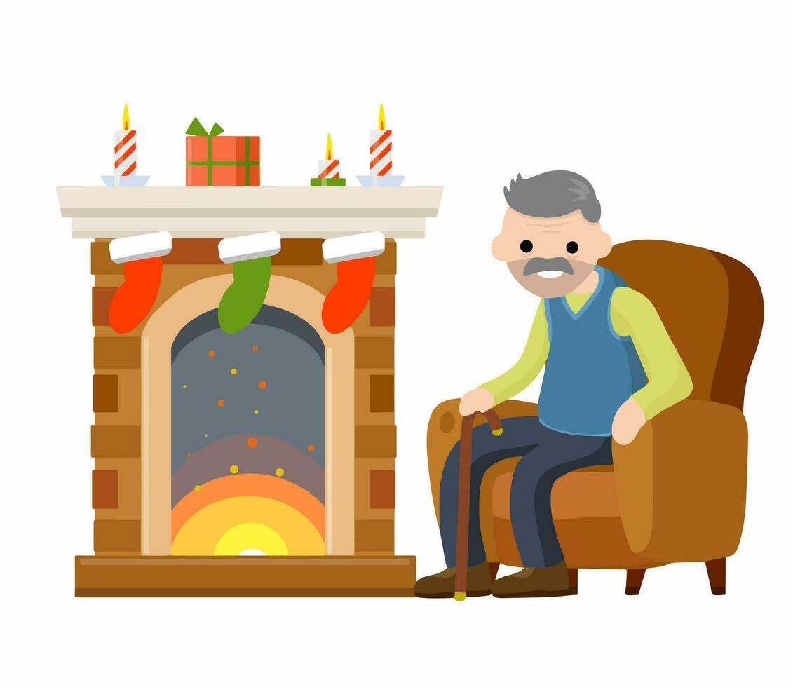 alt Mann sitzt im Stuhl durch Kamin. Senior feiert Neu Jahr und Weihnachten. Opa im nett gemütlich Haus. Zimmer Möbel und Großvater. Winter Konzept. eben Karikatur. Feuer, Box und Socke mit Geschenk vektor