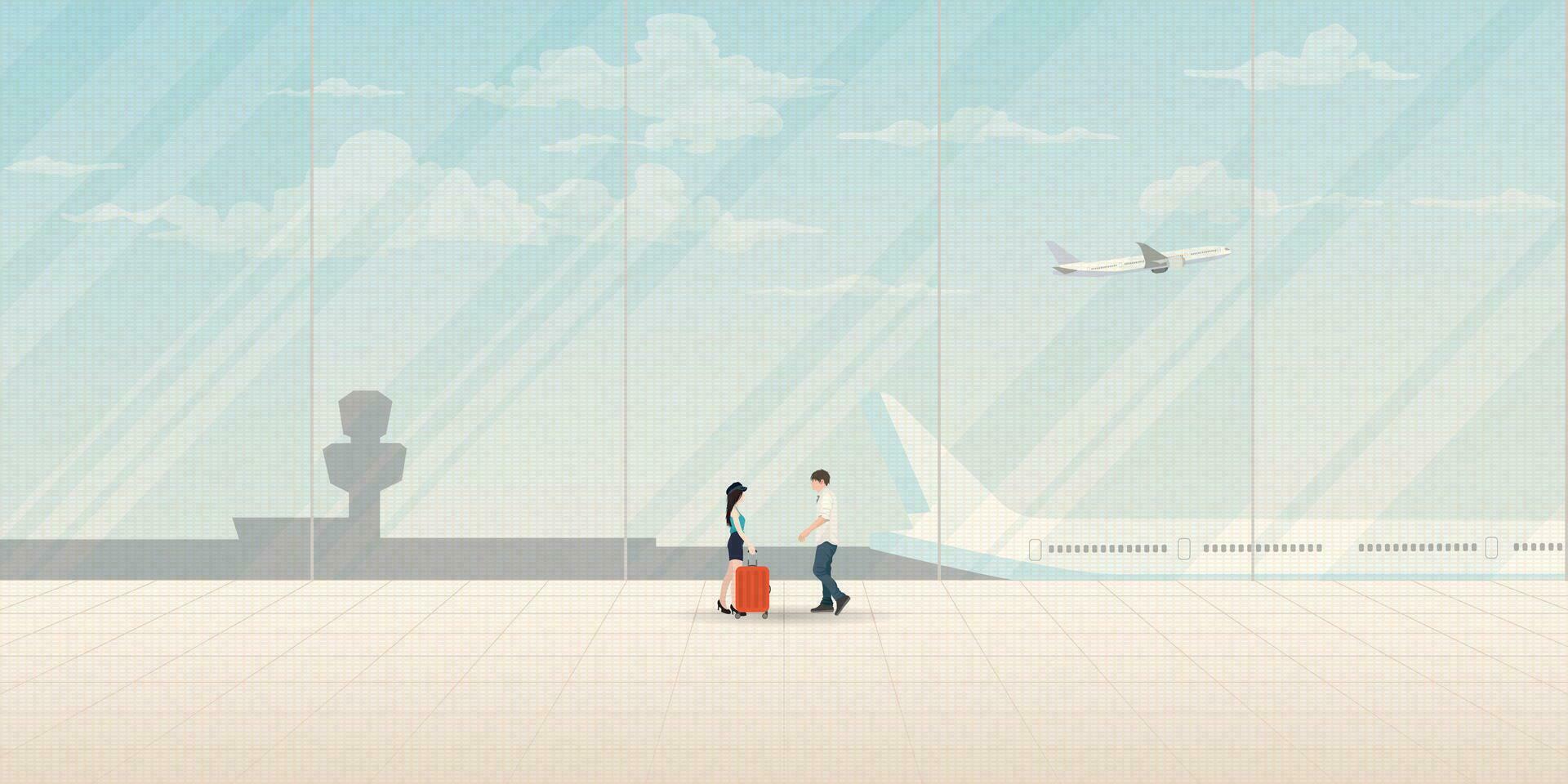 Paar von Liebhaber Treffen beim das Flughafen haben Flugzeug und Blau Himmel Hintergrund durch Fenster Vektor Illustration. Reise von Schatz Konzept eben Design haben leer Raum.