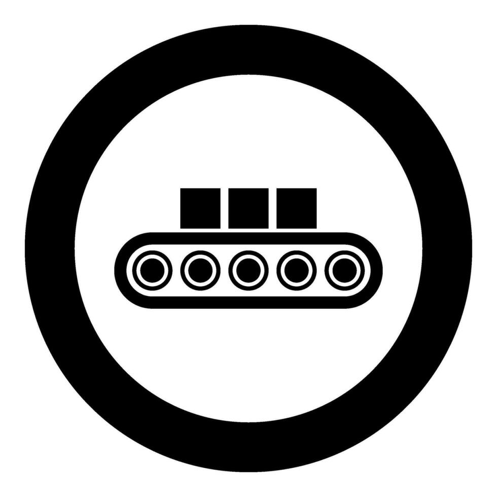 transportband bälte flygplats tejp bagage passagerare bagage låda produktion linje automatiserad tillverkning ikon i cirkel runda svart Färg vektor illustration bild fast översikt stil
