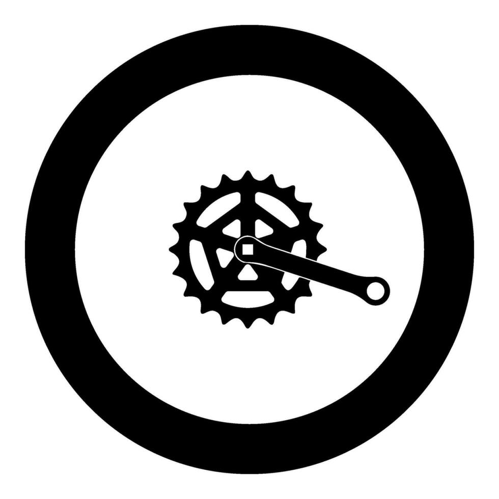 Kurbelgarnitur Zahnrad Kettenrad Kurbel Länge mit Ausrüstung zum Fahrrad Kassette System Fahrrad Symbol im Kreis runden schwarz Farbe Vektor Illustration Bild solide Gliederung Stil