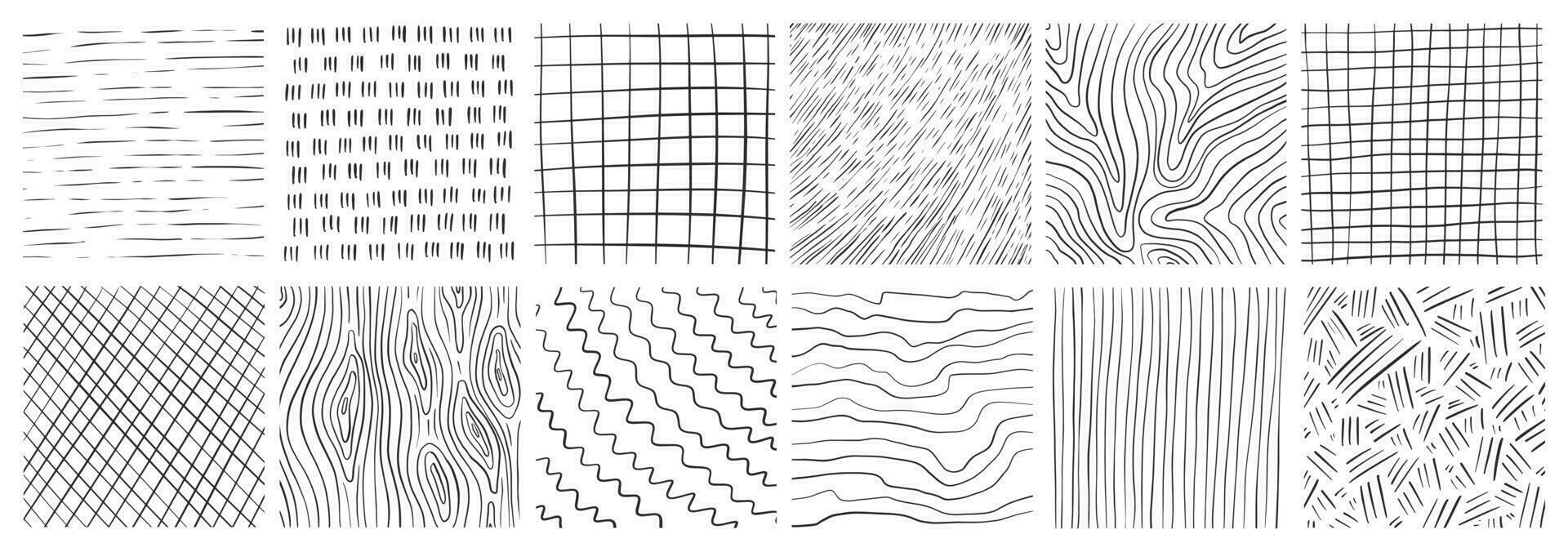 uppsättning av hand dragen textur med annorlunda penna mönster. krysslucka, regn, trä, spiral och rader. vektor illustration på vit bakgrund