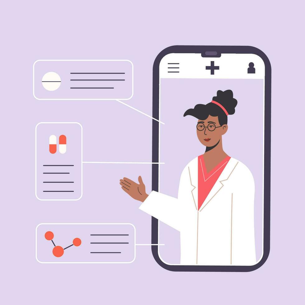 smartphone skärm med manlig läkare ger uppkopplad diagnos. ett app med läkare samråd eller råd. medicinsk forskare samtal handla om piller och medicin. fråga läkare. vektor illustration.