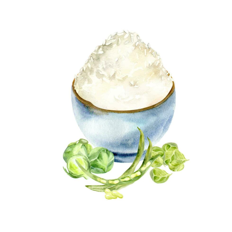 vattenfärg asiatisk traditionell ris skål i blå keramisk pott med grönsaker. hand dragen kinesisk mat illustration, för restaurang, meny, Kafé design vektor
