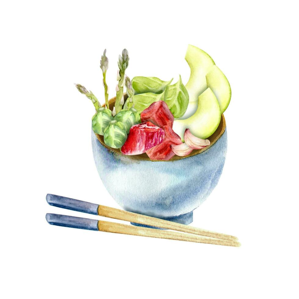vattenfärg avokado skivor, kött bitar, spenat löv, sparris och små kål i keramisk asiatisk traditionell skål med ätpinnar närliggande. mat illustration för restaurang, meny design vektor