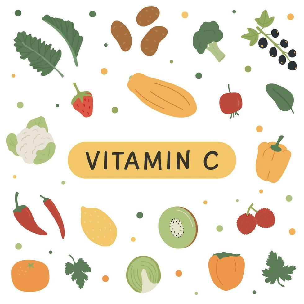 hög vitamin c mat källor för friska diet. ett information kort med högsta vitaminer c grönsaker och frukter. dietisk organisk näring. vektor illustration uppsättning i platt stil på vit bakgrund.