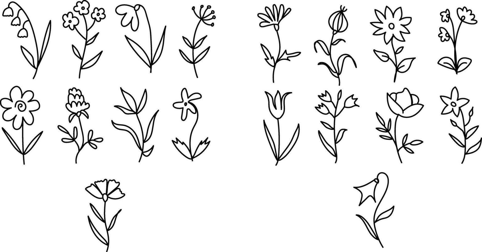 hand dragen vår, spara de datum, kort, minimal dragen blommig botanisk linje konst buketter vår, trendig element av vild och trädgård växter, grenar, löv, blommor, örter. vektor illustration