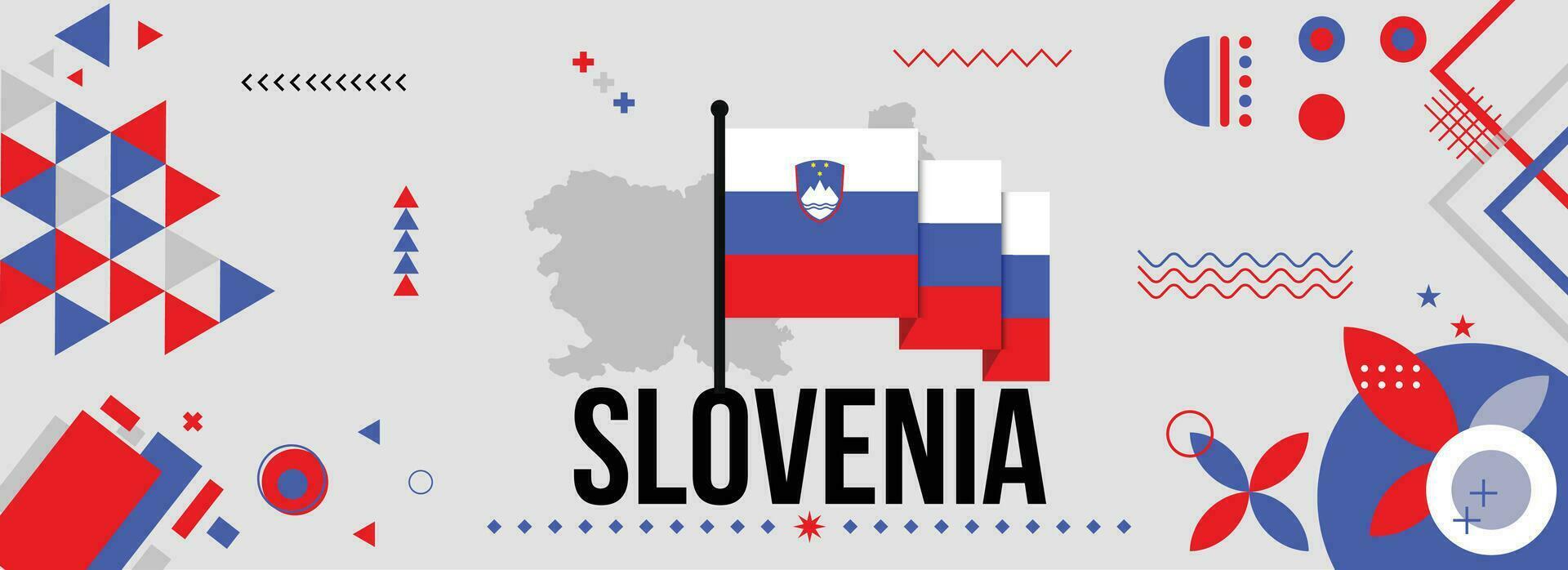 Slowenien National oder Unabhängigkeit Tag Banner zum Land Feier. Flagge und Karte von Slowenien mit angehoben Fäuste. modern retro Design mit Typorgaphie abstrakt geometrisch Symbole. Vektor Illustration.