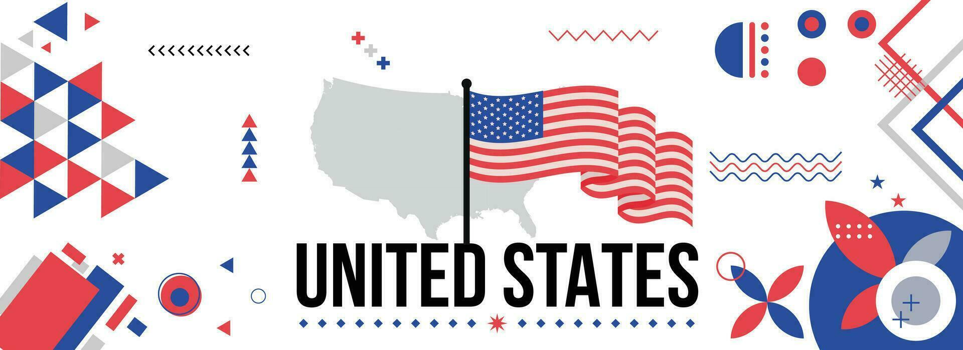 USA National oder Unabhängigkeit Tag Banner zum Land Feier. Flagge und Karte von vereinigt Zustände mit angehoben Fäuste. modern retro Design mit Typorgaphie abstrakt geometrisch Symbole. Vektor Illustration.