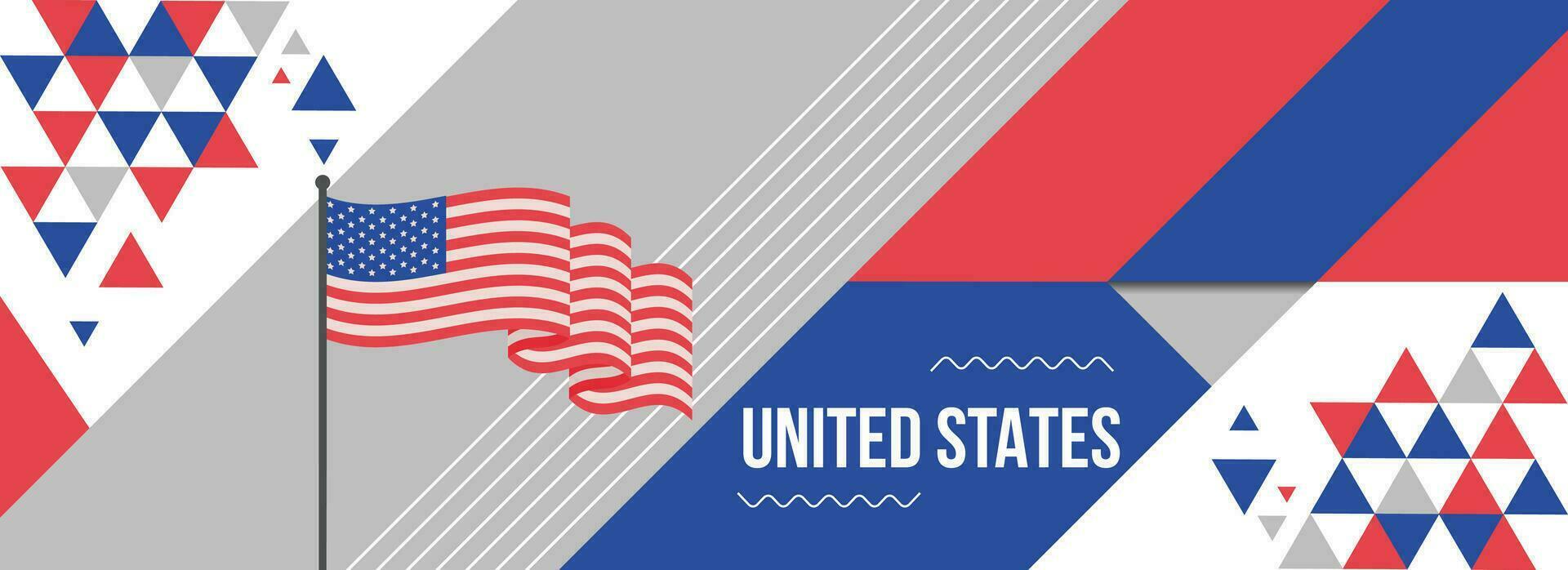 USA National oder Unabhängigkeit Tag Banner Design zum Land Feier. Flagge von vereinigt Zustände modern retro Design abstrakt geometrisch Symbole. Vektor Illustration