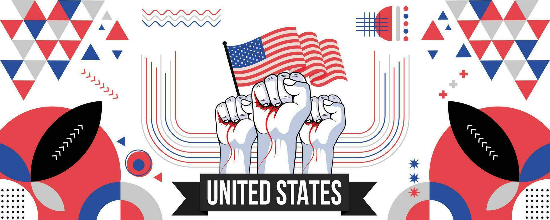 USA nationell eller oberoende dag baner för Land firande. flagga av förenad stater med Uppfostrad nävar. modern retro design med typorgaphy abstrakt geometrisk ikoner. vektor illustration.