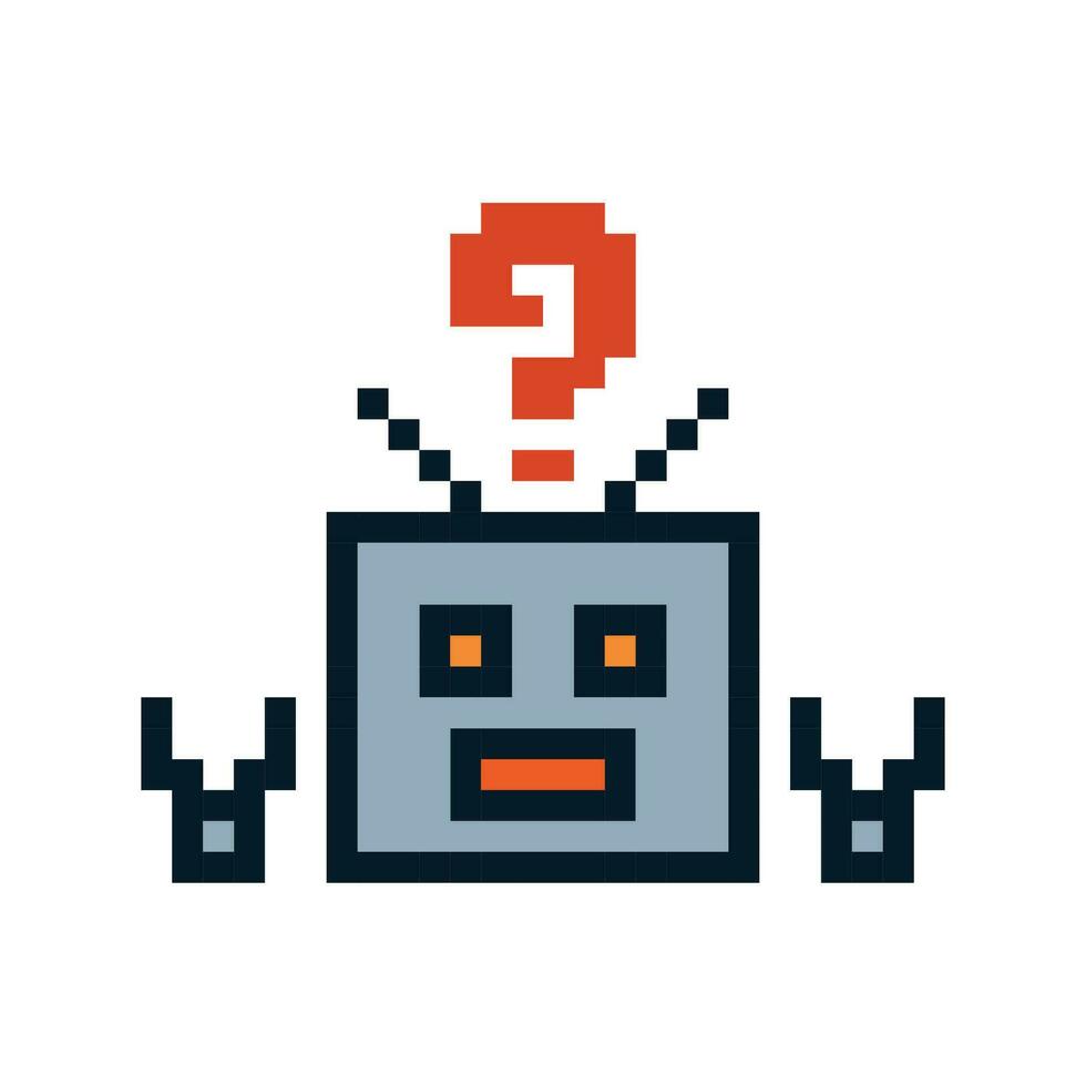 süß Pixel Karikatur 8 Bit Charakter Roboter oder ai zu lernen oder Lernen Fertigkeit sich unterhalten mit Frage Kennzeichen zum Bildung Berechnung bot Vektor Technologie.