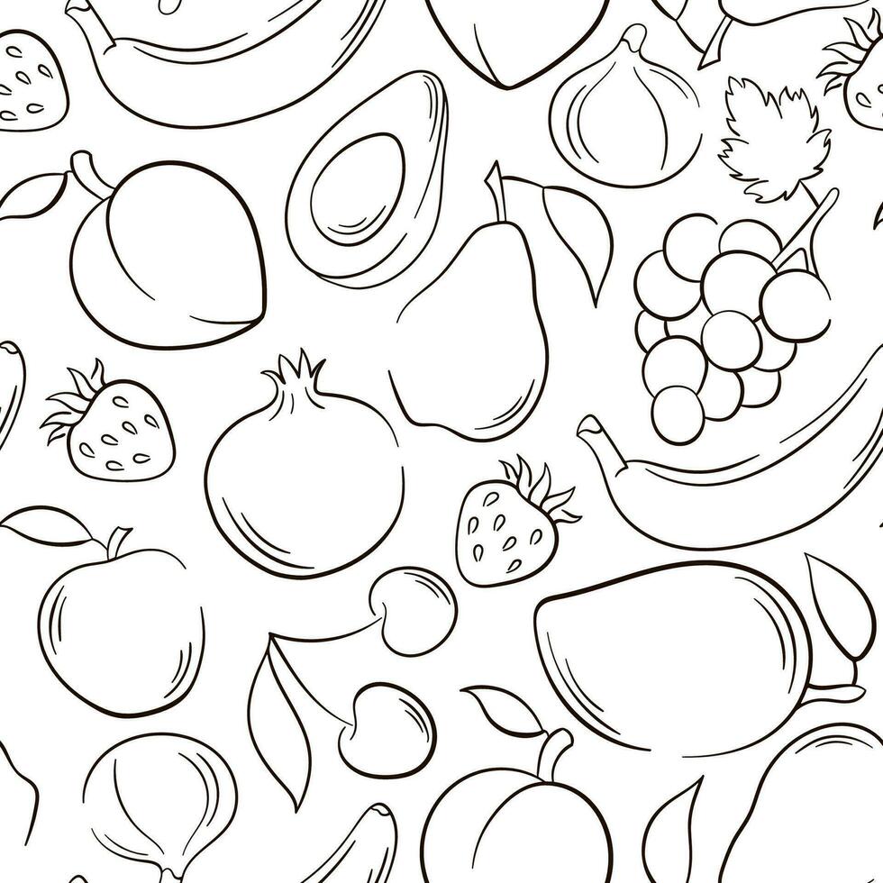 frukt översikt linje stil mönster. sommar frukt blanda sömlös mönster. linje teckning. jordgubbe, granatäpple, mango, päron, persika. klotter stil. vektor