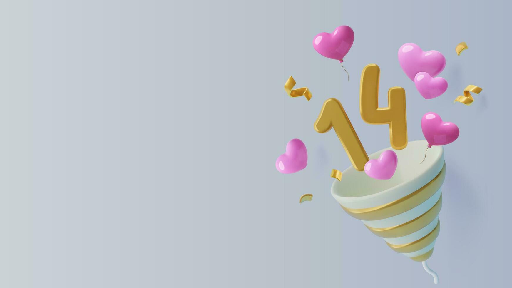 Party Popper mit Nummer 14, Herzen und Konfetti. 3d Februar 14 Hintergrund oder Valentinstag Tag Banner mit Kopieren Raum. realistisch drei dimensional Vektor Illustration.