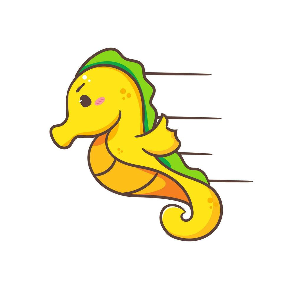 süß Seepferdchen schnell Schwimmen Karikatur Charakter. kawaii bezaubernd Tier Konzept Design. isoliert Weiß Hintergrund. Hand gezeichnet Vektor Illustration.
