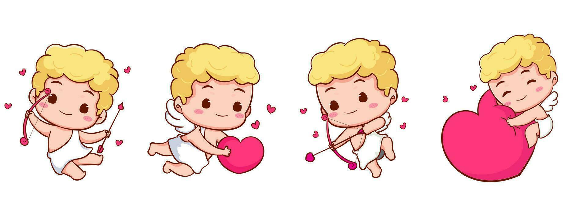 uppsättning söt förtjusande cupid tecknad serie karaktär. amur bebisar, liten änglar eller Gud eros. valentines dag begrepp design. förtjusande ängel i kärlek. söt chibi vektor karaktär. isolerat vit bakgrund.