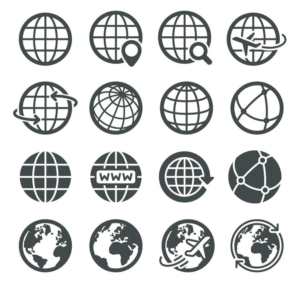 jord klot ikoner. över hela världen Karta sfärisk planet, geografi kontinent kontur, värld bana global kommunikation turism logotyp vektor symboler