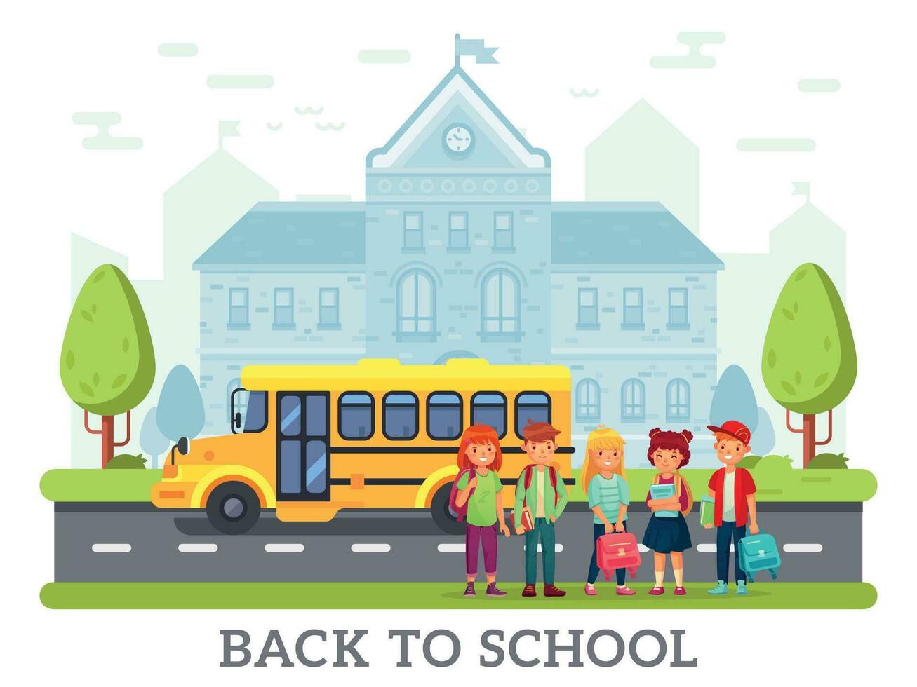 Schule Gelb Bus zum Kinder, zurück zu Schule Konzept. Kinder oder Studenten mit Rucksack in der Nähe von Straße vektor