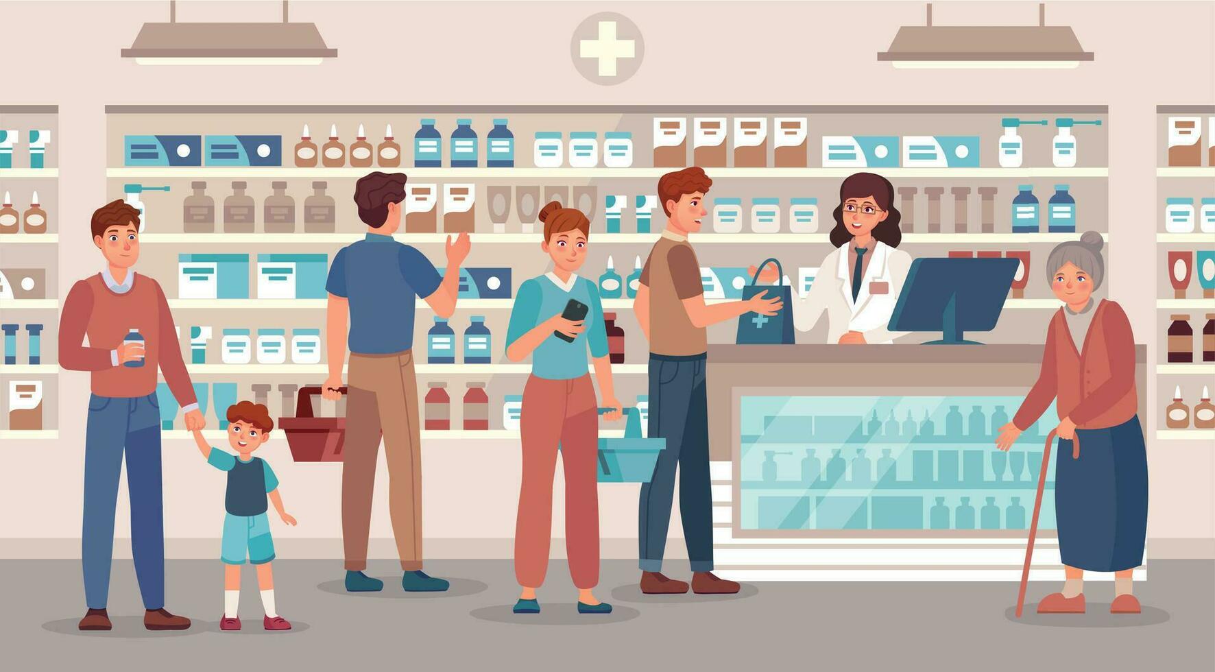 apotek Lagra. apotekare säljer olika mediciner människor, medicinsk samråd och uppköp medicin i apotek vektor illustration
