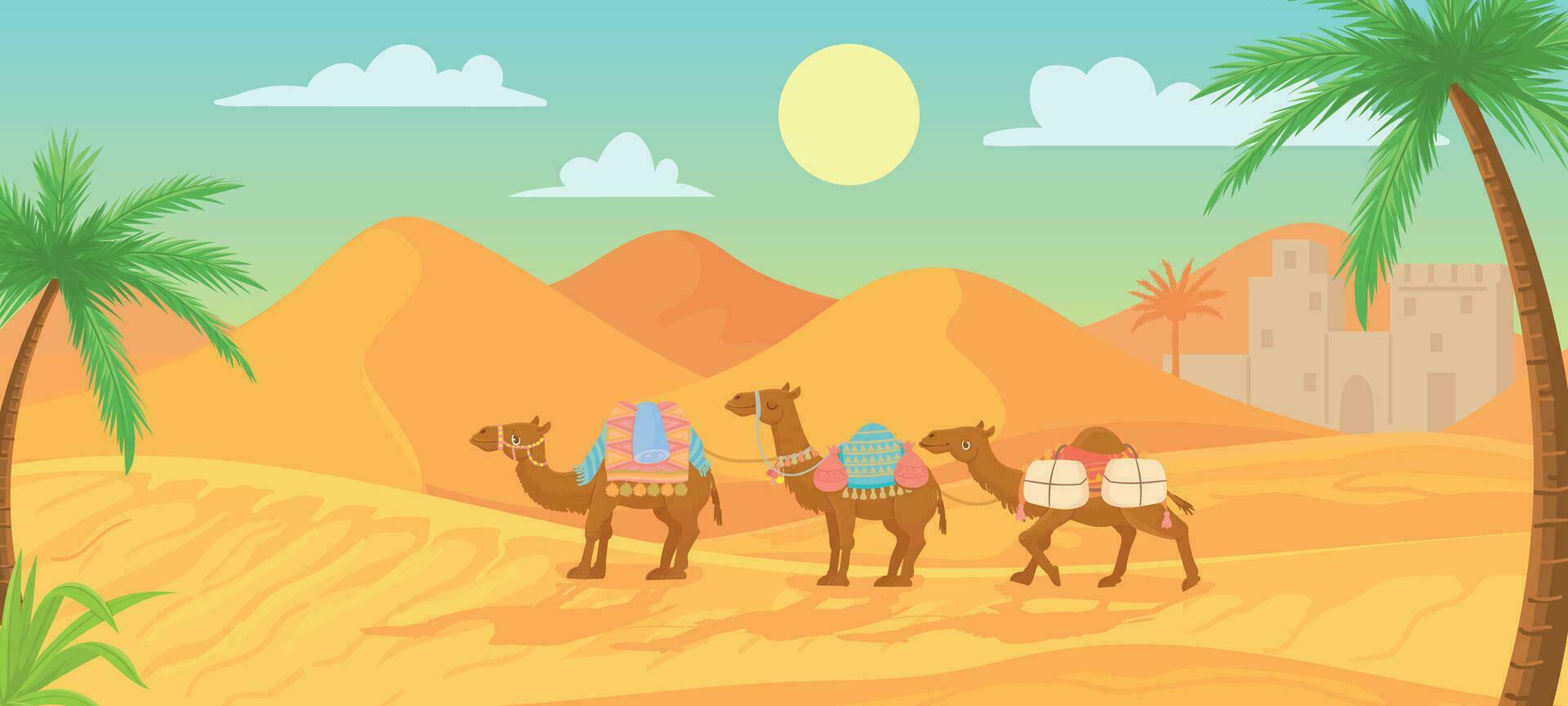 Wüste Kamel. Wohnwagen im Ägypten Sahara Landschaften. Karikatur Arabisch Panorama- Vektor Hintergrund mit Sand Dünen und Kamele