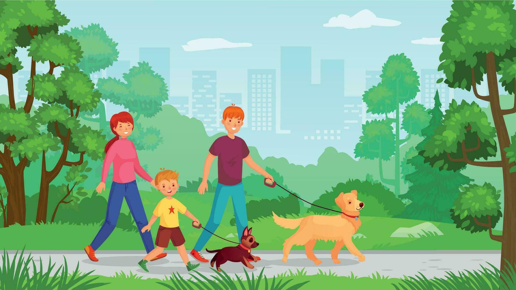 Familie Gehen mit Hund. Mann Frau mit Kind gehen im Park vektor