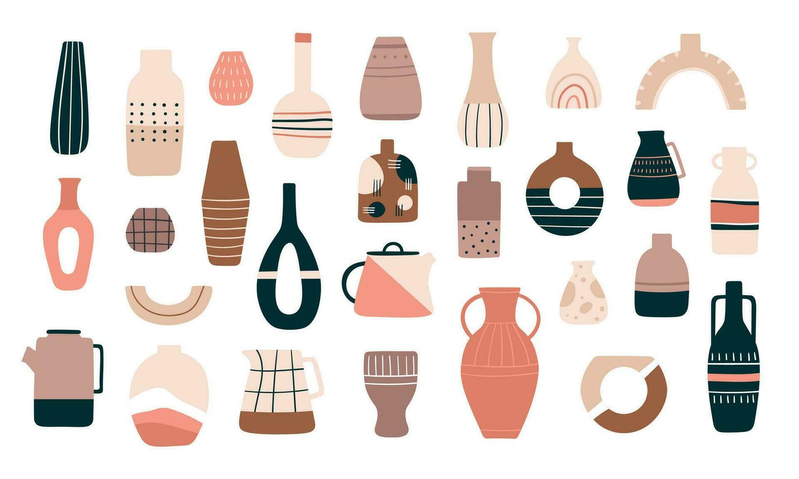 skandinavisch Vasen. Keramik Krüge, Töpfe und Teekannen im minimalistisch modisch Stil. dekorativ Krug, Antiquität Keramik Tasse und Vase Vektor einstellen