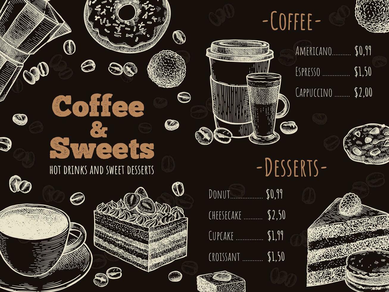 Kaffee Speisekarte. Kaffee Haus, Bar oder Cafe Speisekarte Design Vorlage, heiß Getränke, Nachspeisen und Kuchen, skizzieren Werbung Flyer Vektor Illustration