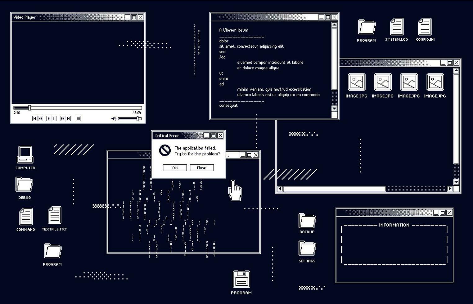 1 bisschen retro Benutzer Schnittstelle mit Video Spieler, Dialog Box mit System Information und öffnen Mappe mit Bilder vektor