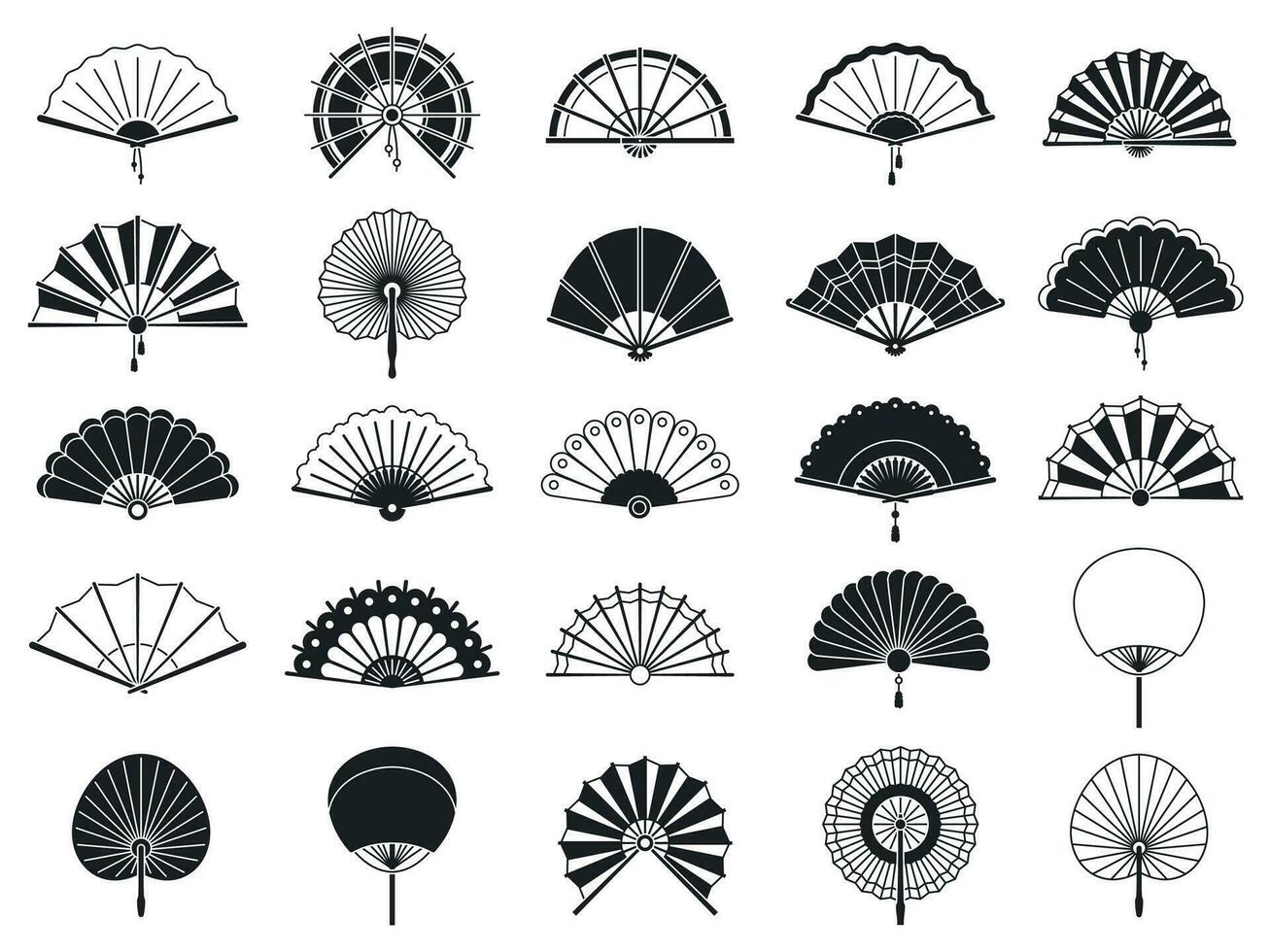 handhållen fläkt. svart silhuetter av kinesiska, japansk papper hopfällbar hand fans, traditionell asiatisk dekoration och souvenir vektor isolerat uppsättning