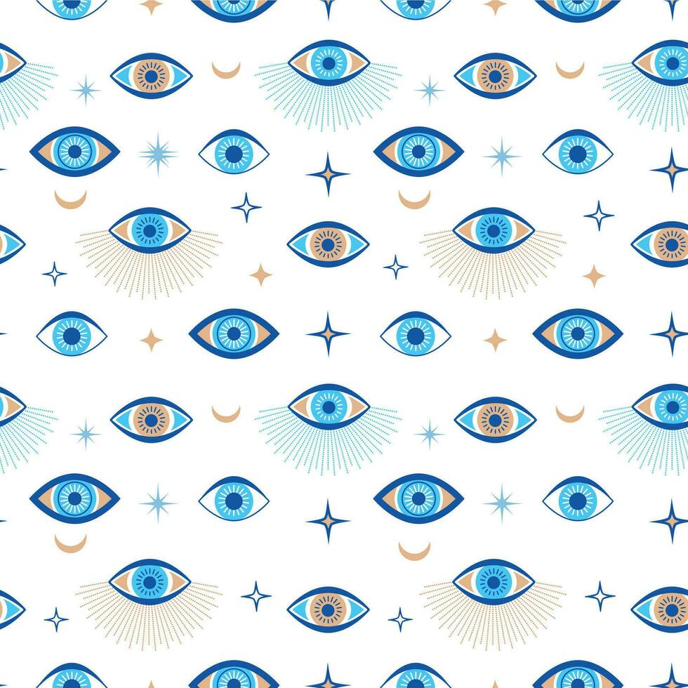 böse Auge nahtlos Muster. Magie Talisman und Okkulte Symbol. griechisch ethnisch Blau, Weiß und golden dritte Augen. eben Vektor abstrakt Hintergrund