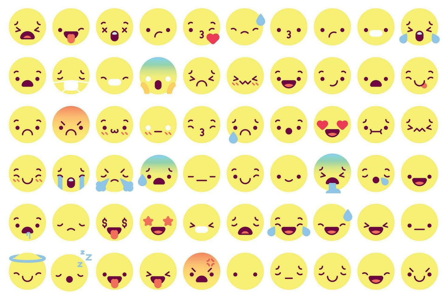 eben Emoji Gesichter. eben Emoticon lächelnd Avatare mit anders Gesicht Emotionen. Glücklich, traurig und zwinkert, wütend komisch Botschaft Vektor Symbole einstellen