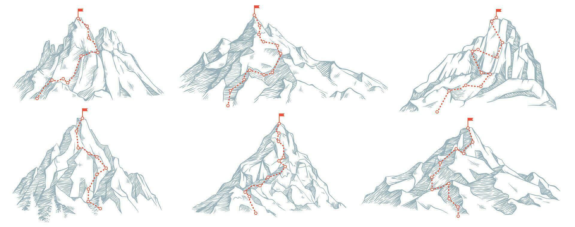 skizzieren Route zu Berg Gipfel. Hand gezeichnet skizzieren Berge, Pfad zu oben und Klettern Reise planen Vektor Illustration einstellen