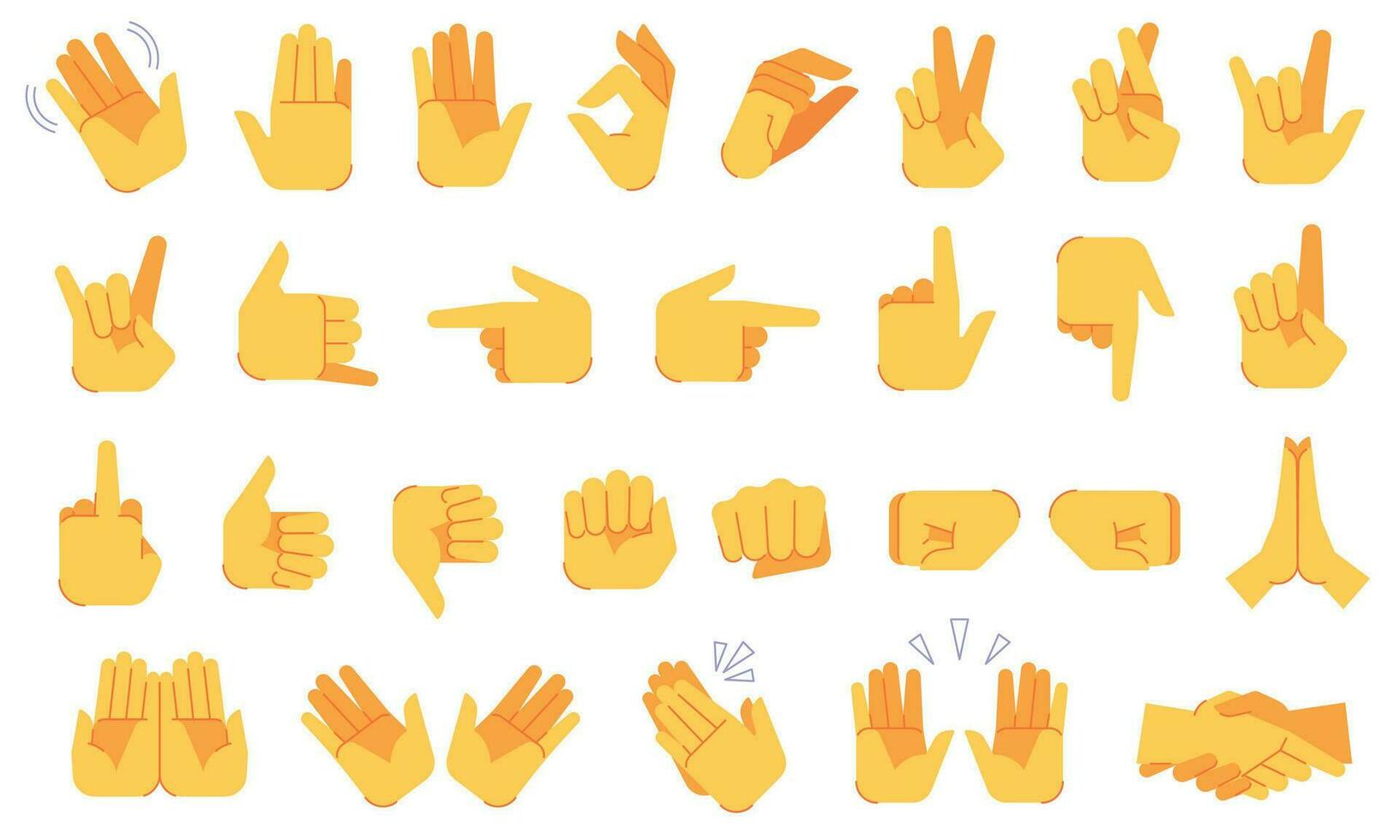 emoji hand gester. annorlunda händer signaler och tecken, ok och seger, fred och handslag, applåder, gest symboler vektor ikoner uppsättning