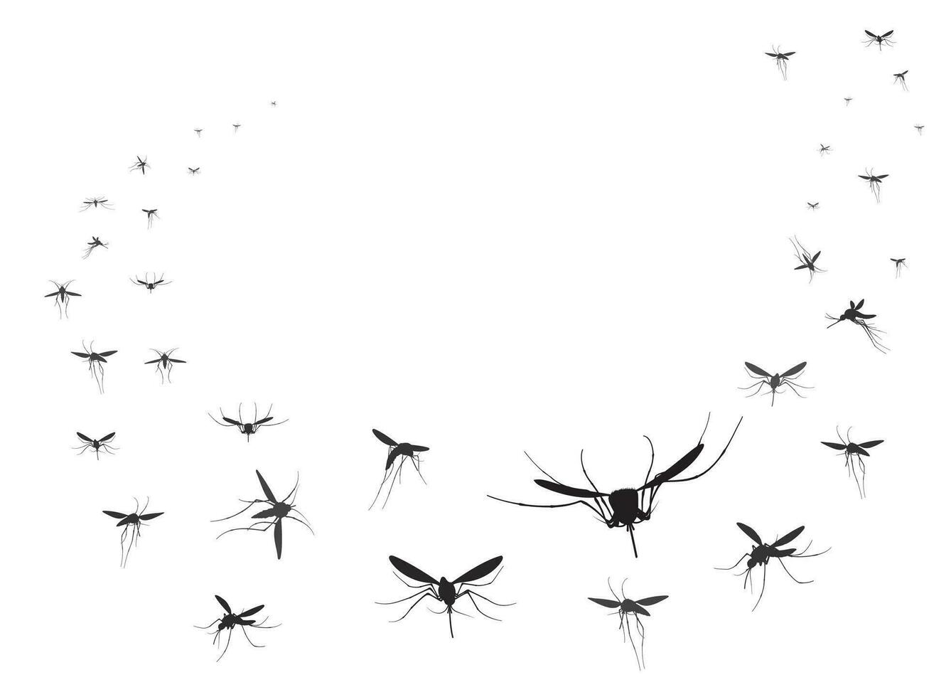 fliegend Mücken Silhouetten Gruppe. fliegend Insekten Schwarm Verbreitung Krankheiten gefährlich Infektion und Viren, schwarz Welle Vektor Mücken