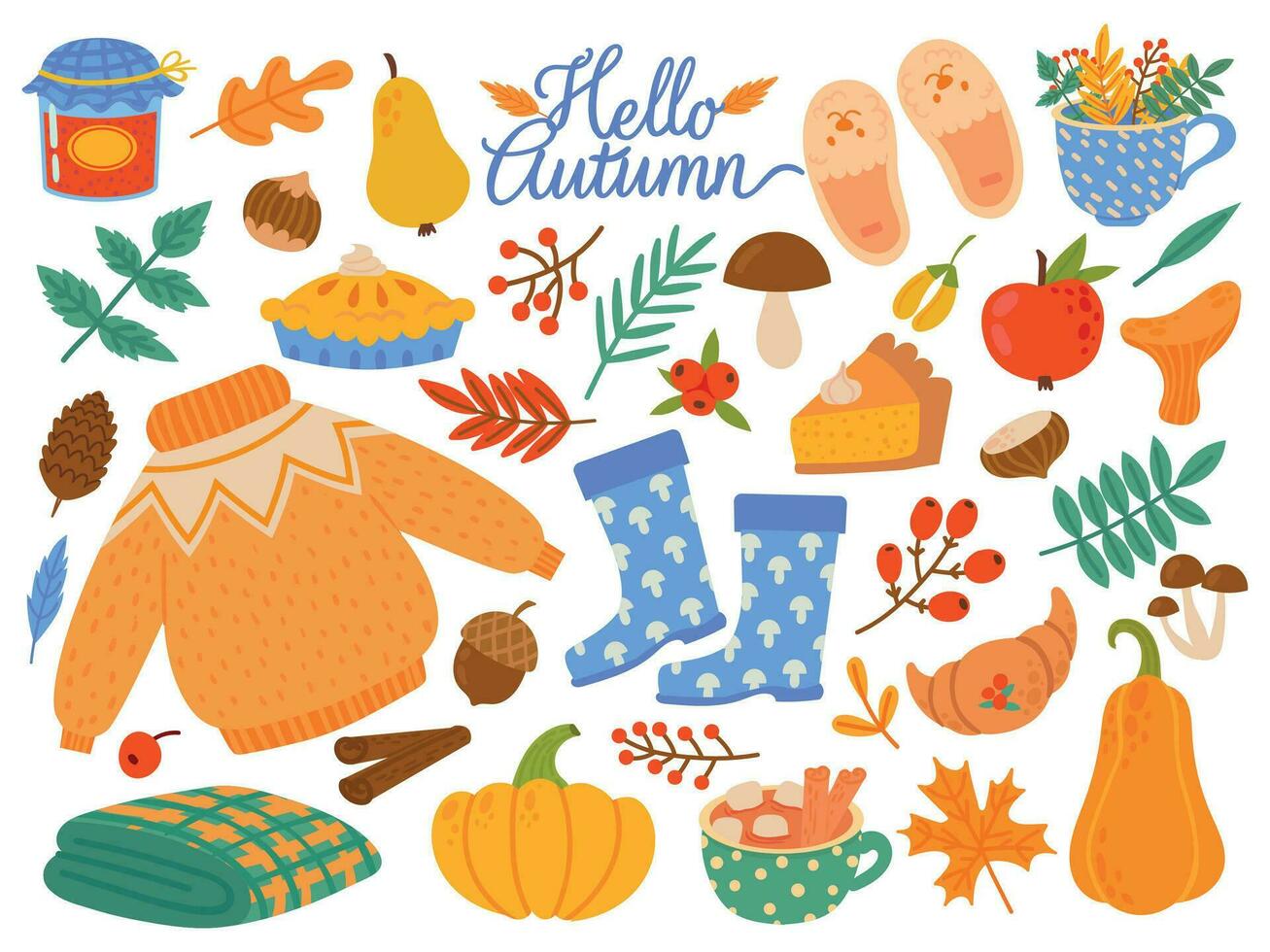 höst element. faller löv, gul växter och mat, skörda festival eller tacksägelse dag säsong- abstrakt tecknad serie vektor uppsättning