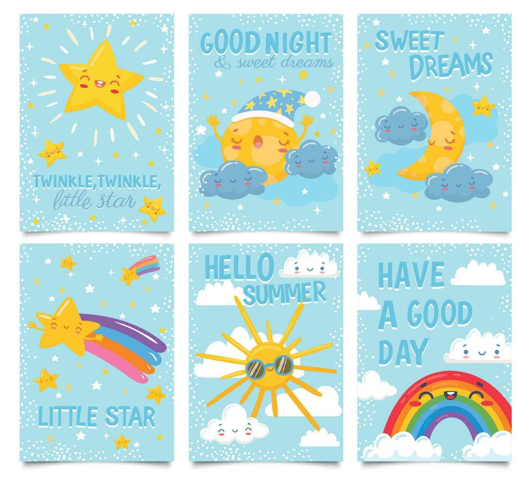 himmel affischer. tindra liten stjärna, Bra natt och ljuv drömmar kort. sömnig måne, moln och stjärnor, Lycklig Sol och regnbåge tecknad serie vektor illustration uppsättning