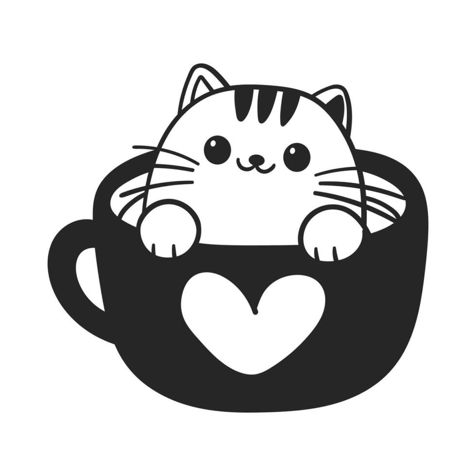 söt katt i kaffe kopp linje konst vektor illustration